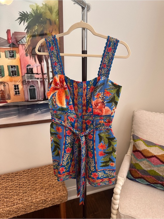 FARM Rio Pants - FARM Rio Blue Floral Embroidered Romper with Orange & Pink Accents
